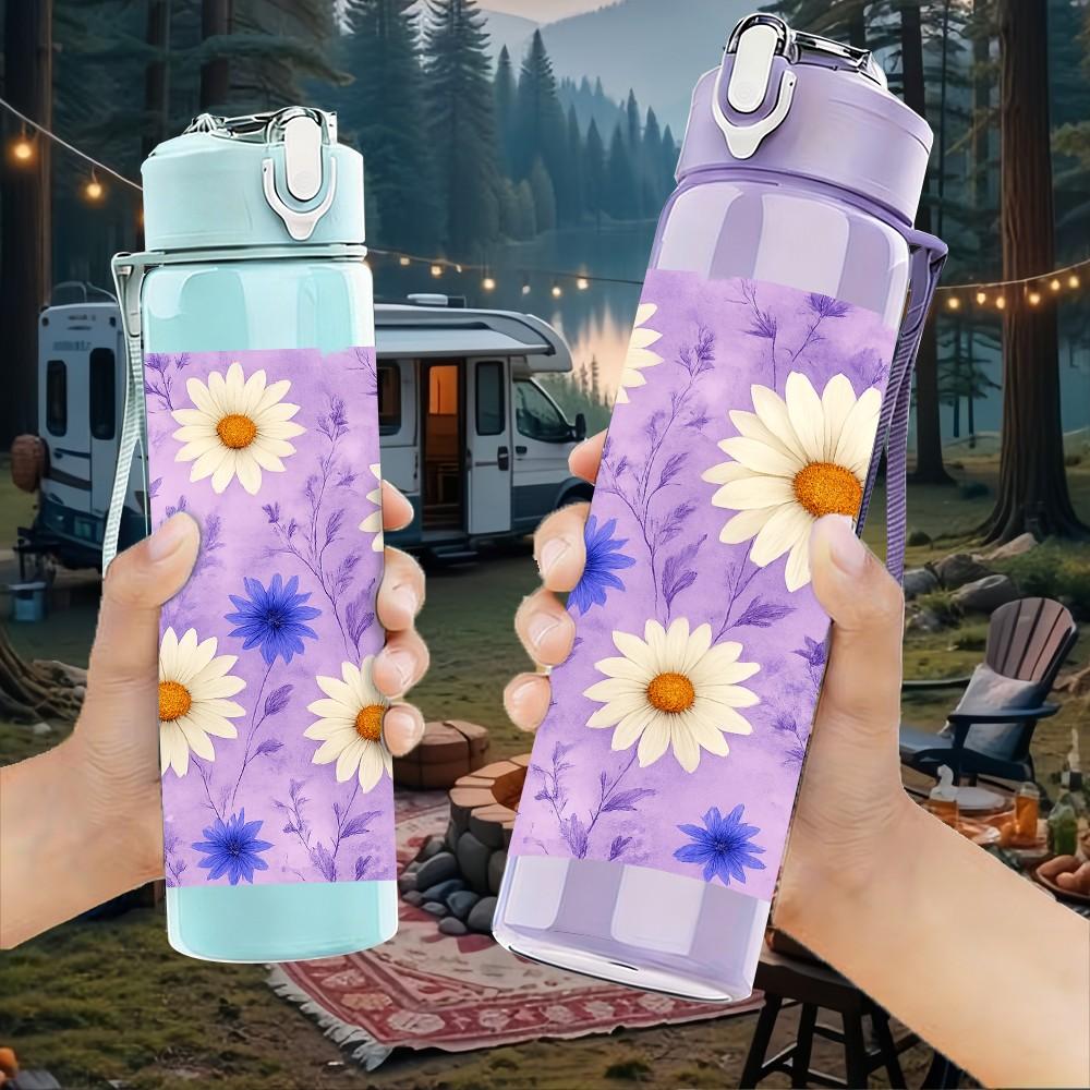 1PC Purple Daisy Floral Pattern 750ml Color Plastic Sports Water Bottle Leakproof Flip Straw Lid Suitable for Sports Office Home Use