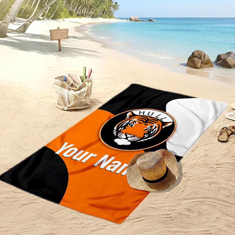 Asciugamano da Spiaggia Personalizzato Stampato Hull City Logo Calcio Supporto Nome Personalizzato Testo Asciugamano Assorbente Per Sport Viaggio Regalo Speciale