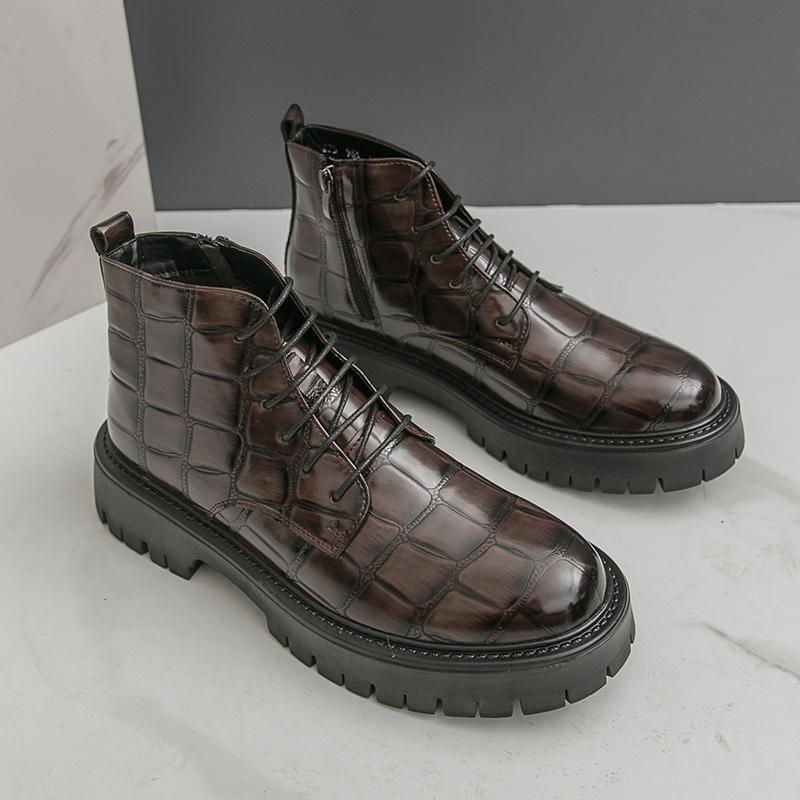Men Motorcycle Casual Black Outdoor Retro Brown Leather Elevator Shoes High Boots Street Style Punk Boots Large Size