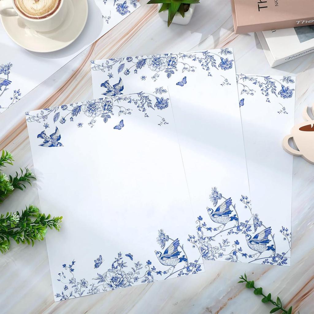 60 Sheets Blue Floral Stationery Letterhead Paper Chinoiserie Flower Bird Butterfly Writing Paper Single-Sided Greeting Paper for Invitations Office