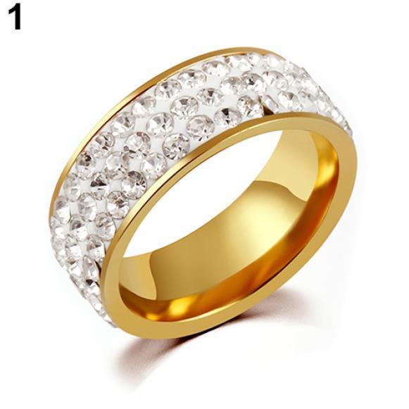 Titanium Steel Women Men 3 Rows Shiny Rhinestone Finger Ring Wedding Jewelry Gift