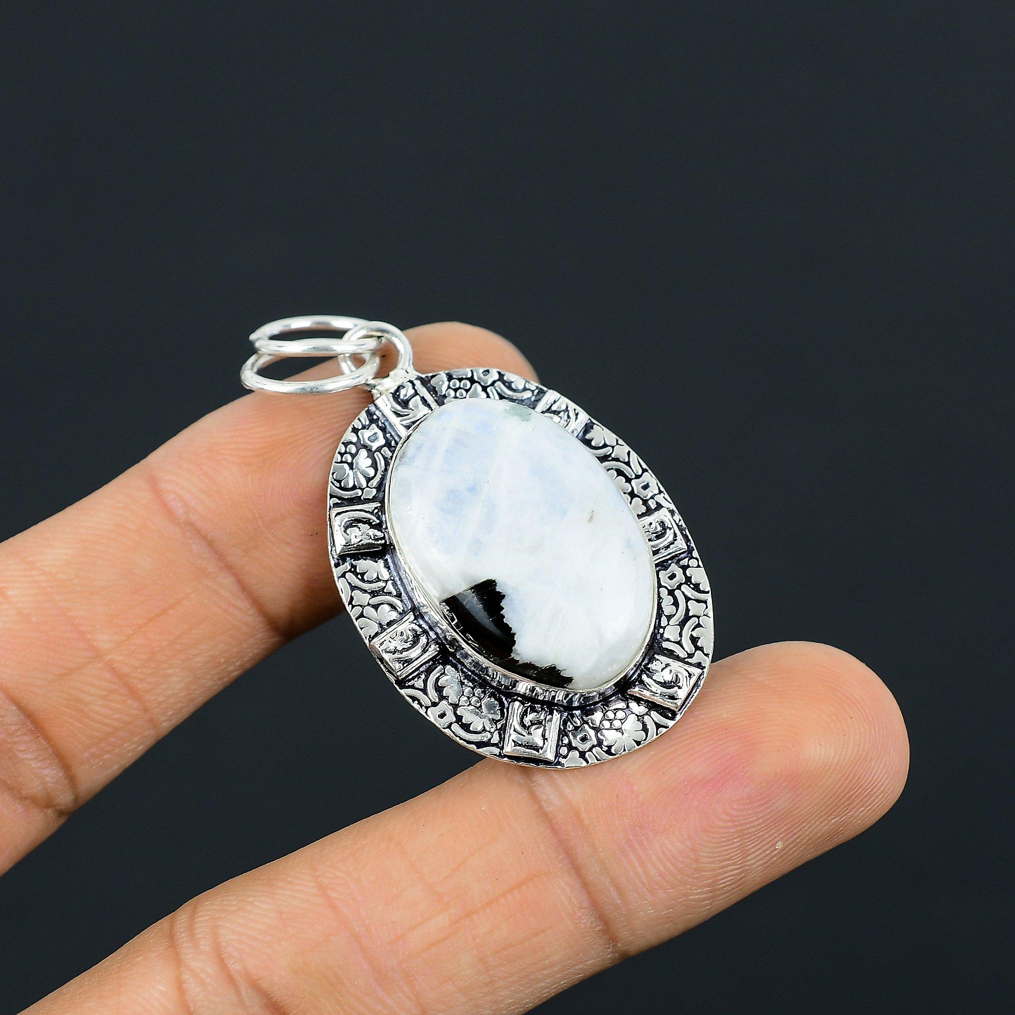

Crown Chakra Rainbow Moonstone Stone Bezel Pendant Jewelry 925 Sterling Silver