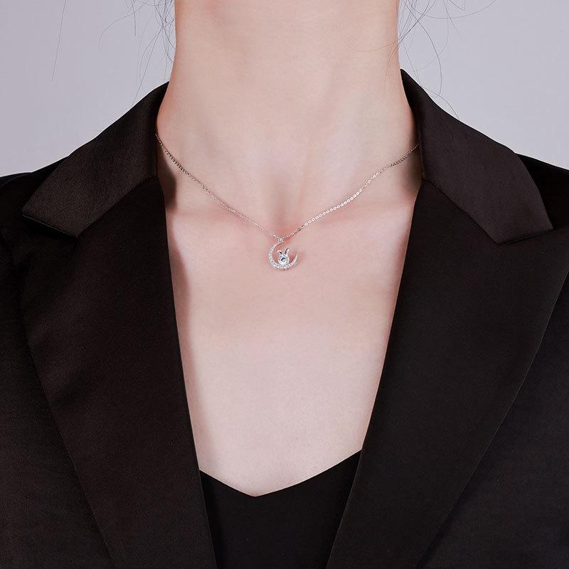 Women's Light Luxury S925 Silver Necklace with Pink Moissanite Rabbit Pendant - Jade Rabbit Zodiac Design