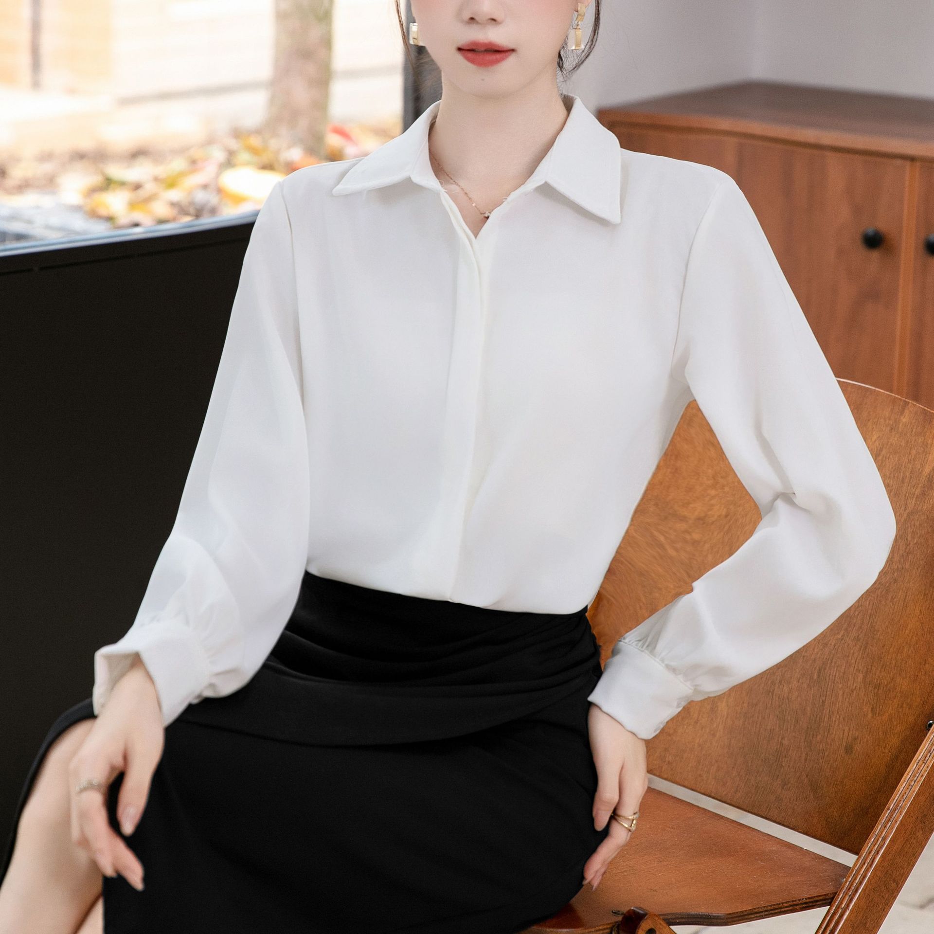 

ID Photo White Long-sleeved Shirt for Women In Spring, Summer and Autumn New Design, Mature Temperament, Professional Interview Shirt S білий