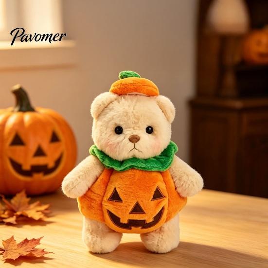 Fluffy Decorative Pillow Doll Halloween Pumpkin Bear Plush Toy, Soft Stuffed Animal for Kids, Theme Room Decor Cute Huggable Fall Holiday Home