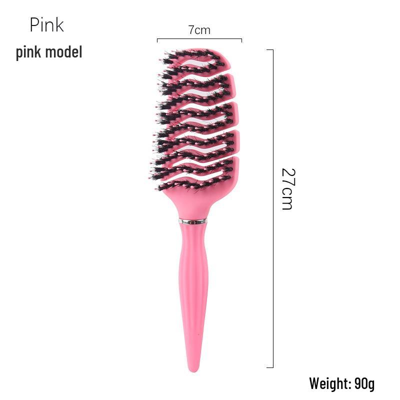 Large Hollow Wave Curved Boar Bristle Comb for Fluffy Curl Styling and Massage розовый
