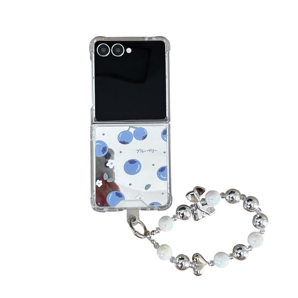 for Samsung Galaxy Z FLIP 7 6 5 4 3 flip7 Ins New Blueberry Mirror Shockproof Cover Rope Strap Pendant Fold Phone Case