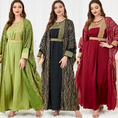 Nahen Osten muslimischen abaya frauen rundhals bestickt und vergoldeten langen ärmeln Europäischen und Amerikanischen außenhandel zwei-stück kleid