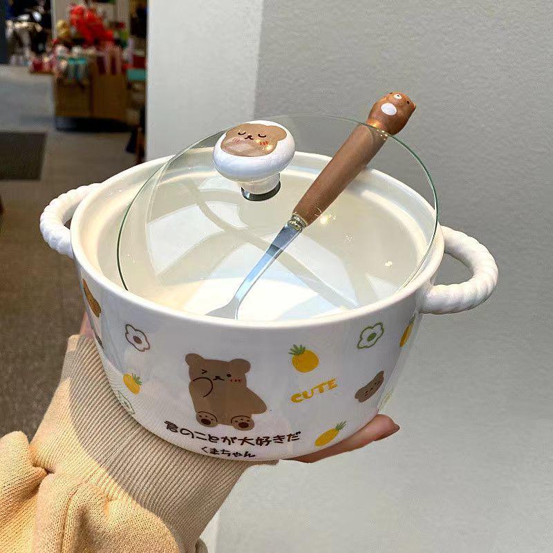 Korean Style Cute Heart Ceramic Noodle Bowl with Lid for Dorm or Bedroom Microwave Use