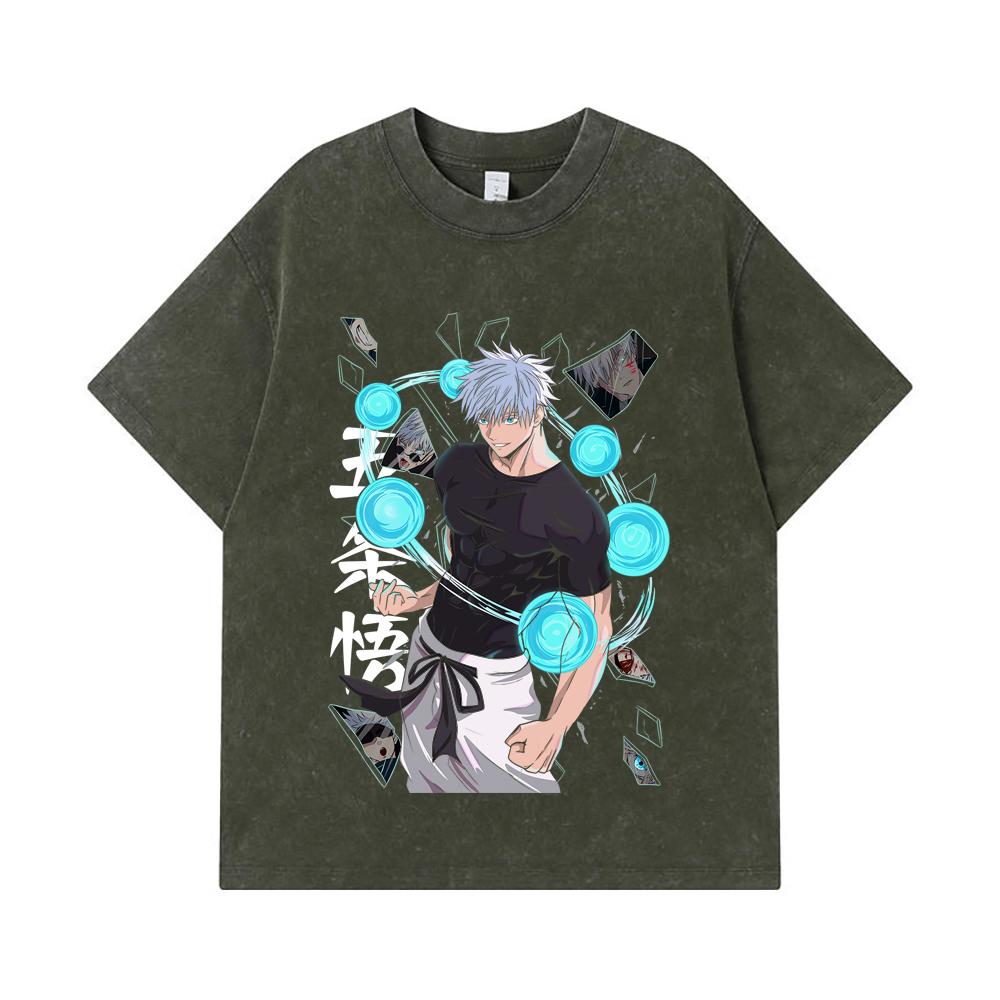 

275 GSM Washed T-shirts 100% Cotton Jujutsu Kaisen V4 Gojo Print Unisex Heavy Cotton T Shirt S армия зеленый