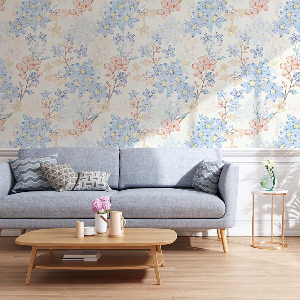 Elegant Light Blue Floral Wallpaper Peel And Stick PVC Flower Home Decoration Self Adhesive Yellow Cabinet Sticker