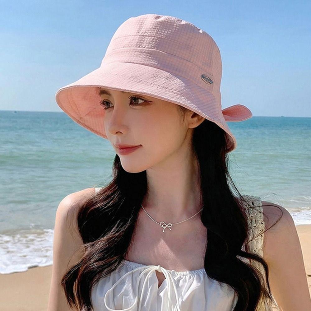 Casual Bowknot Women Fisherman Hat Solid Color Breathable Bow Bucket Hat Wide Brim Sun Protection Summer Sun Hat Travel
