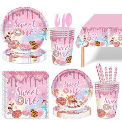 Donut-themed Disposable Tableware Set for Girls' Birthday Party Scene Arrangement