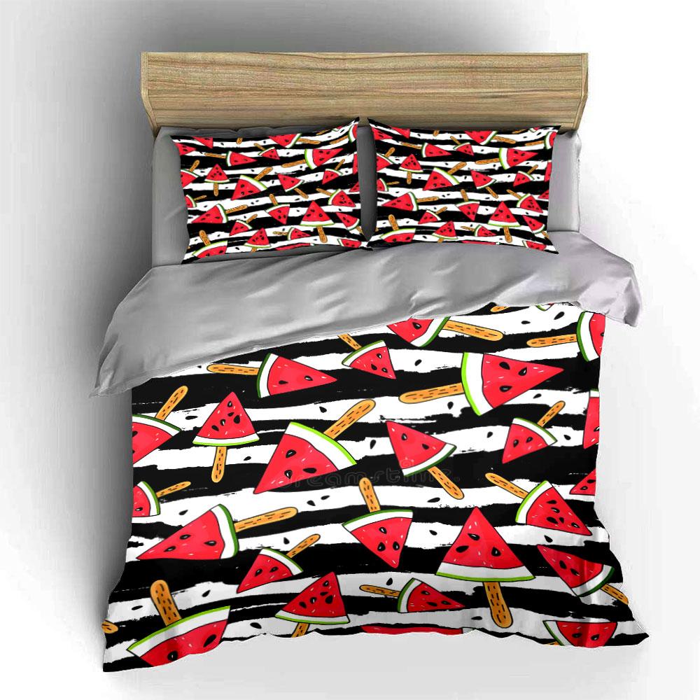 Watermelon Popsicle Pattern with Striped Print Bedding Set 1 Duvet Cover 2 Pillowcases for Adult Children Luxury Gift Full Size