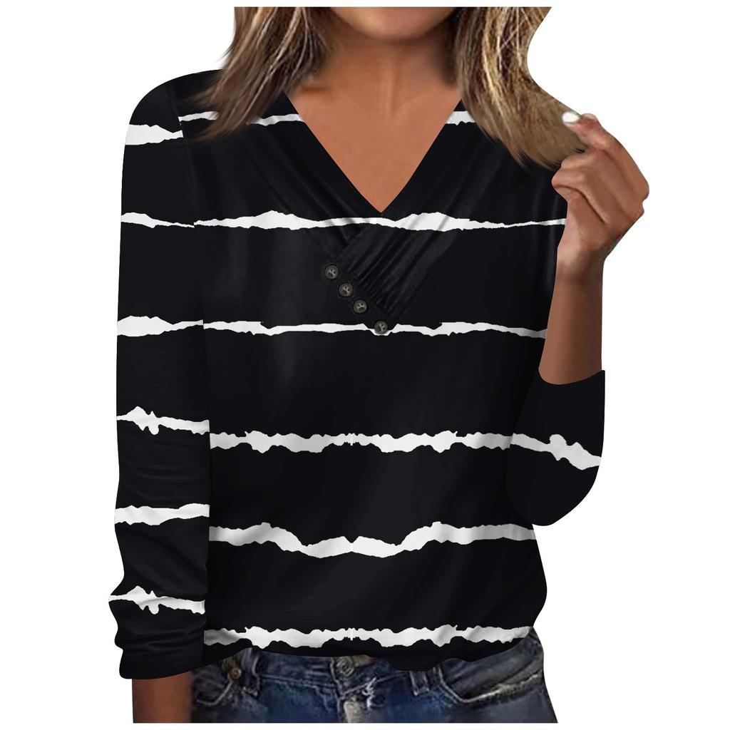 Womens Long Sleeve Tops Fall V Neck Long Sleeve Blouses Loose Fit Button Prints Casual Tees Clothes