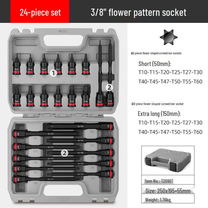

Набор торцевых головок 24 шт. Средний размер 3/8 150 мм с цветочным узором T10-T60 с красным кольцом
