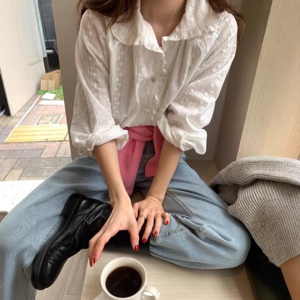 2026 Early Spring/Autumn Korean Inspired Hollow Out Embroidered Long Sleeve Women's Shirt