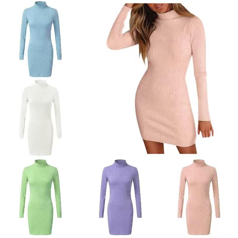 Pletené podzimní šaty s vysokým límcem Dámské oblečení Šaty slim střihu s temperamentem a obepínající boky