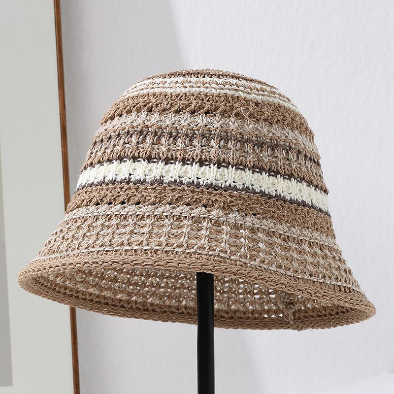 Women Vintage Weave Striped Color Matching Sweet Beach Versatile Sun Shade Casual Bucket Hat