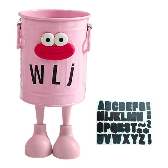 Cartoon Pen Holder Retro Bucket Shape Desk Organizer Large Capacity Storage Holder for Pens Pencils Makeup Brushes