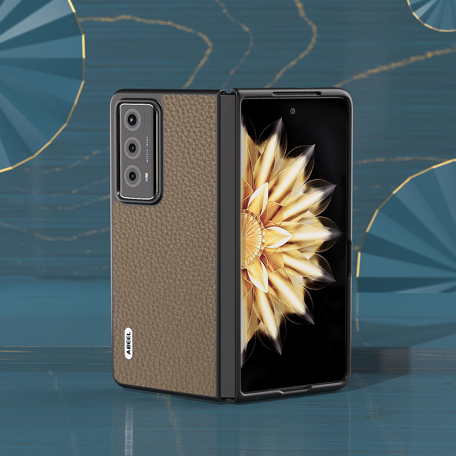 

ABEEL For Honor Magic V2 5G Genuine Cow Leather Coated PC Shell Litchi Texture Phone Guard Cover Khaki