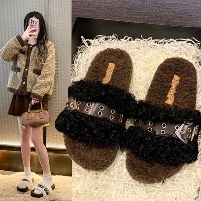 2024 Women's New Suede Warm Thick-soled Slippers Fashionable and Casual Hawaiian Roman Style Women's Belt Buckle Cotton Slippers