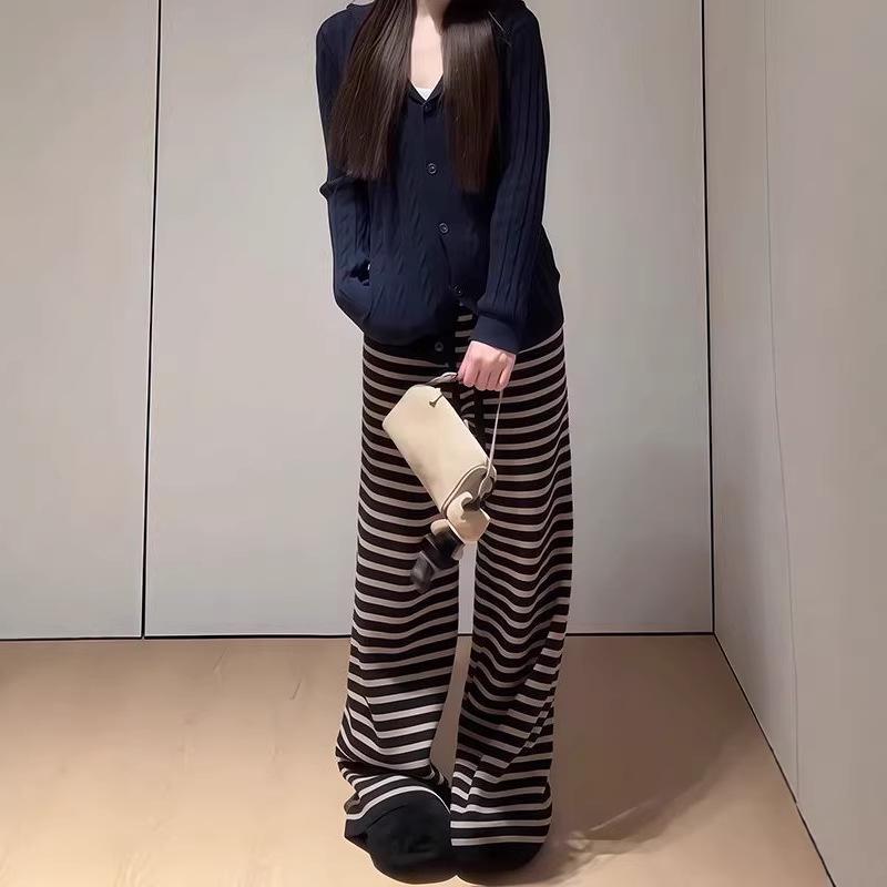 

Korean Style High-Waisted Wide-Leg Pants - Autumn/Winter Color Block Stripes for Women M