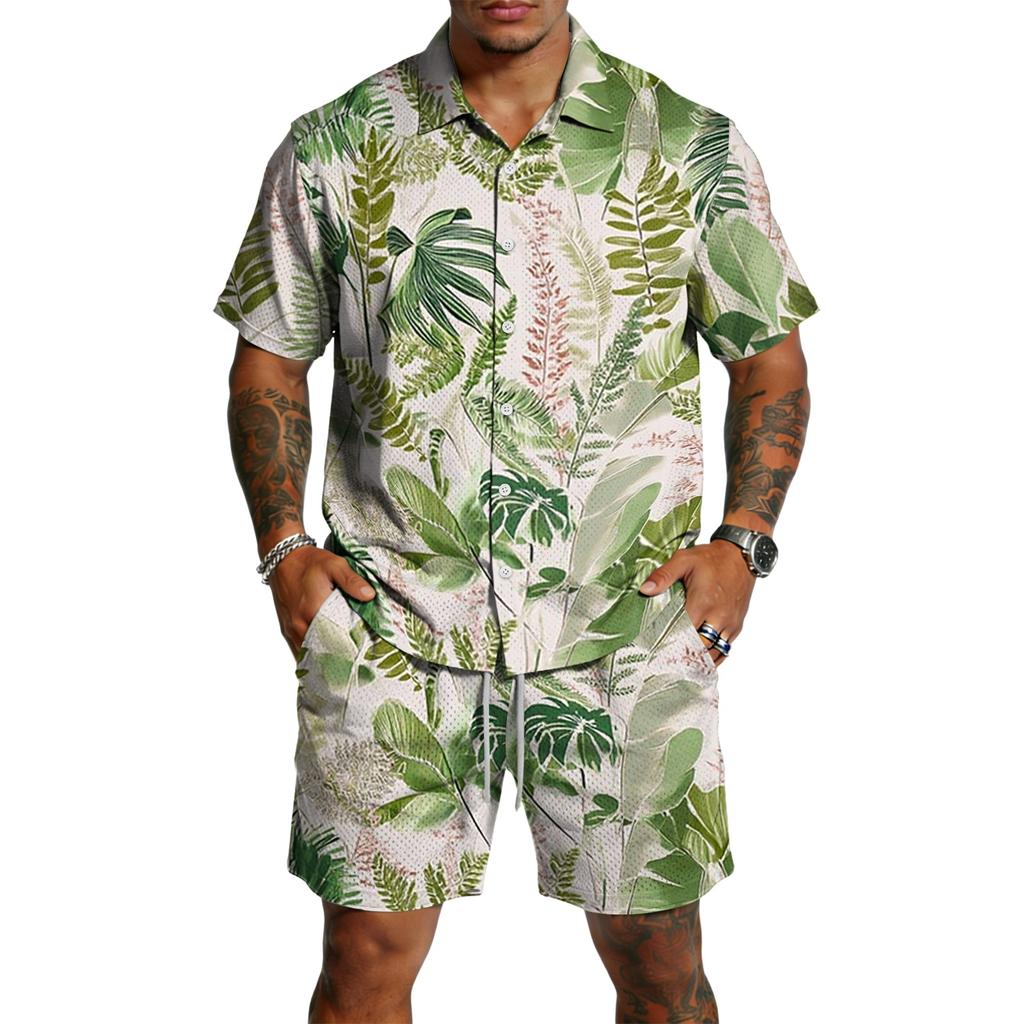 Men's Casual Printed Top and Drawstring Shorts Set Lightweight Breathable Set for Summer
