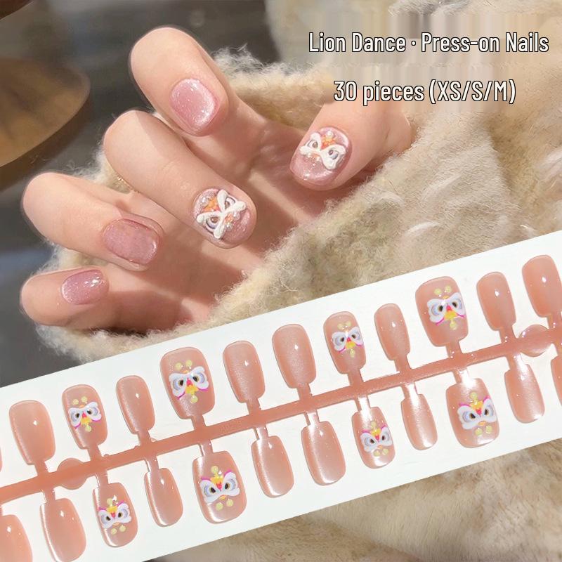 

3D Pink Lion Dance Press-On Nails: Chinese New Year Cat Eye Design - Short Sheer Style