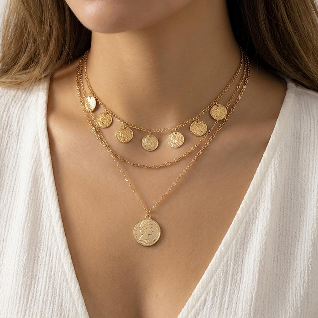 Vintage Portrait Queen Coin Pendant Necklaces for Women Girl Fashion Multi Layer Link Chain Necklaces Friendship Jewelry Gifts