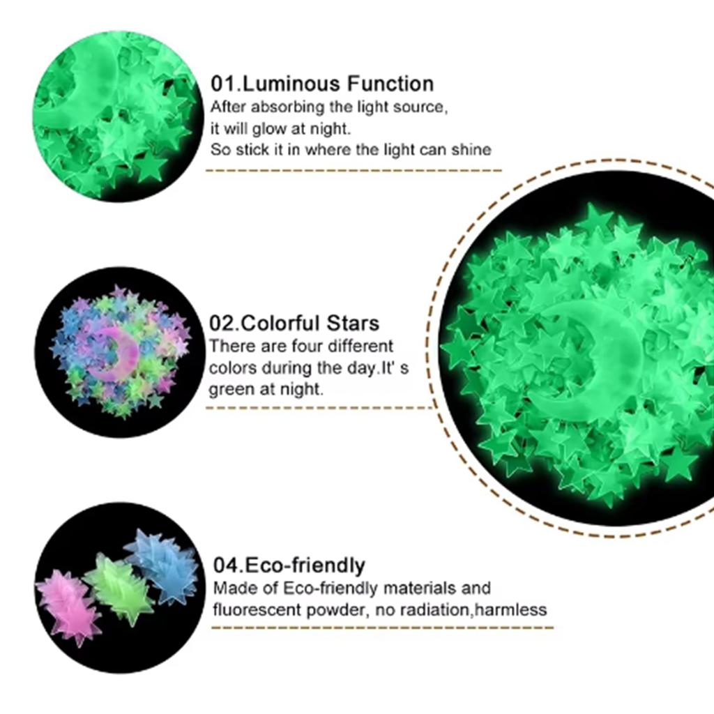 100 szt. Świecące Naklejki Gwiazdki Dekoracja Ściany Tła Naklejki Świecące do Sypialni Fluorescencyjne Stereofoniczne Naklejki Ścienne