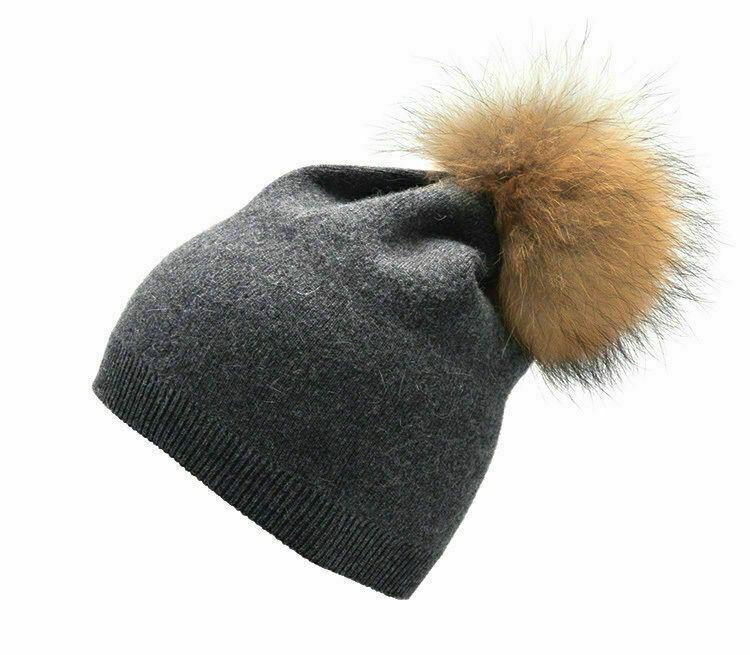 Women Winter Warm Cashmere Wool Knitted Real Fur Pom Pom Ball Beanie Hat