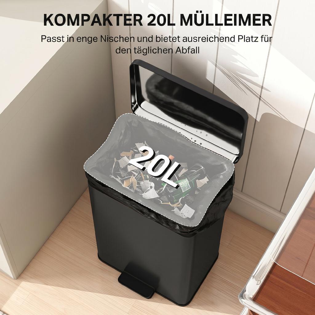Trash Can 20 L Pedal Bin with Soft-Close Lid, Pedal, Removable Inner Bucket Matte Black, 34.2 x 30.6 x 44.2 cm