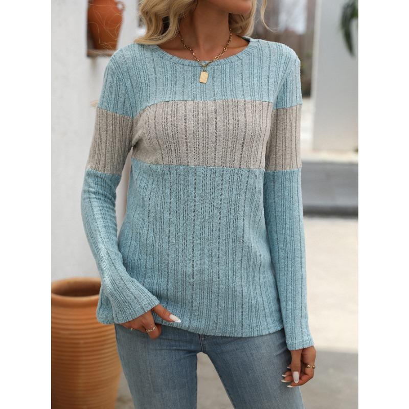 Spring and Autumn Women's Casual Colour Block Pit Stripe Long Sleeve Top