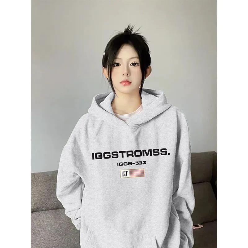 

Unisex Heavyweight Pure Cotton Letter Print Hooded Sweatshirt for Spring, Autumn, Winter Lightweight White-Grey [Cotton]