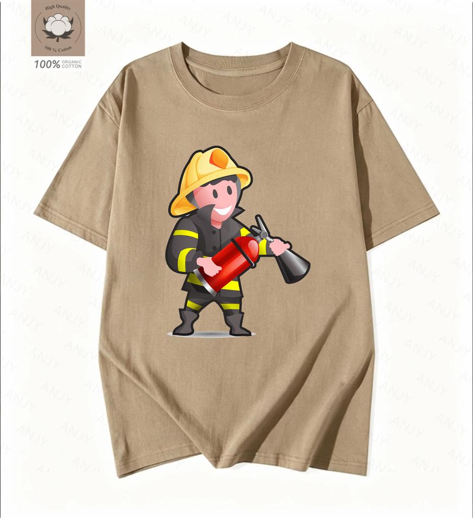 Simple Cartoon Firefighter Printed Tshirt Pays Tribute To The Daily Commuting Short Sleeved Reverse Traveler