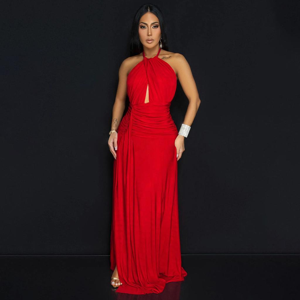 Sexy Women's Halter Neck Red Maxi Dress High Slit Backless Evening Party Clubwear
