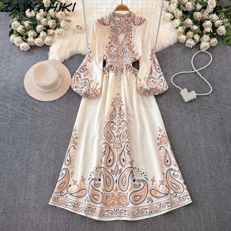 Vintage Evening Dress for Women Print Pleated Puff Sleeve Vestidos Button Designer Femme Robe Temperament Office Lady Ropa Mujer