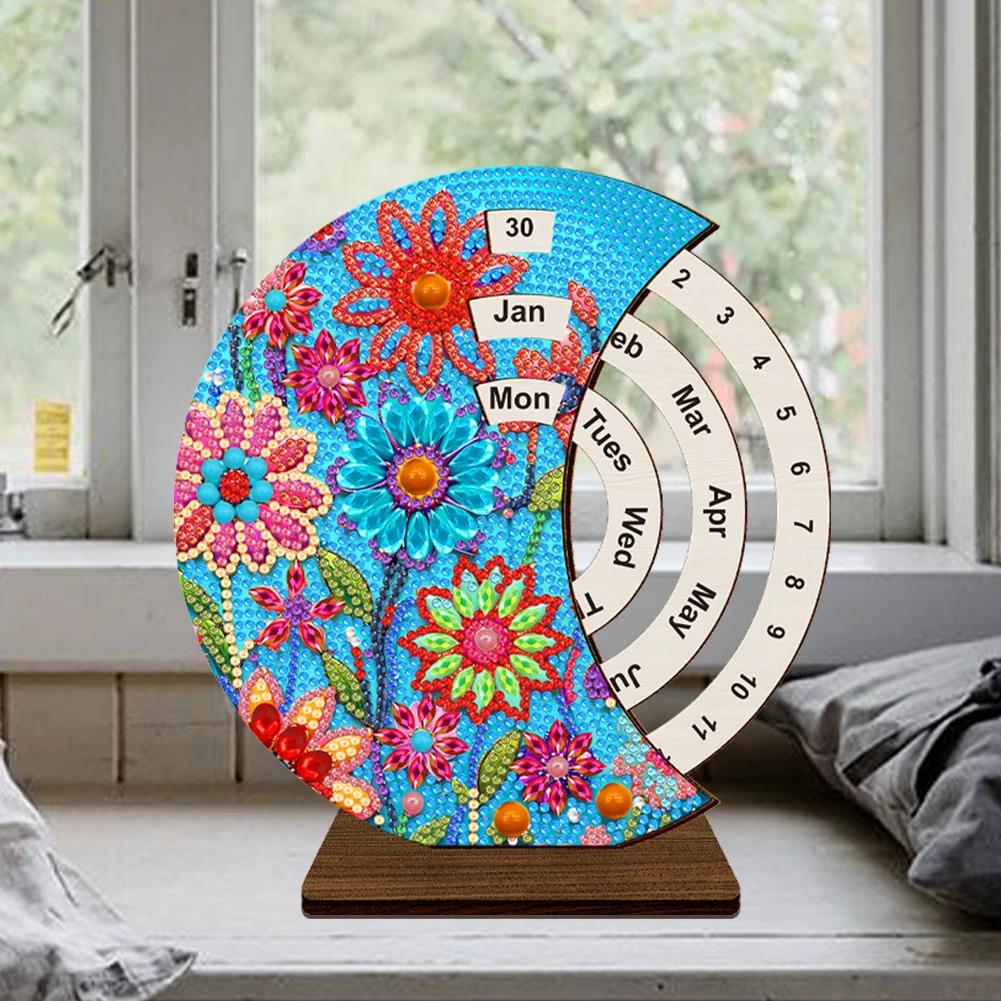 Wooden Special Shaped Colorful Pattern Diamond Art Desktop Perpetual Calendar Diamond Painting Dial Moon Calendar for Beginners
