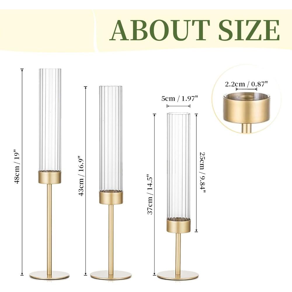 3pcs Golden Hurricane Taper Candle Holders Brass Candlestick Holders with Ribbed Glass Cylinder Cover Fluted Tall Candle Sticks Holder Decor 3pcs