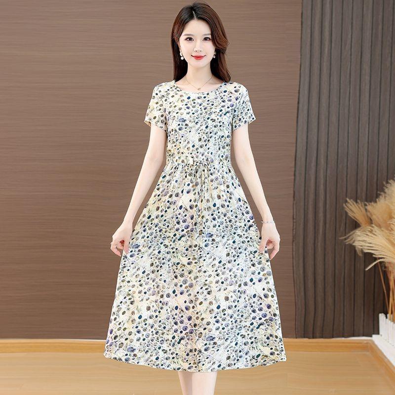 Womens Floral Print Drawstring Waist Short Sleeve Midi Dress