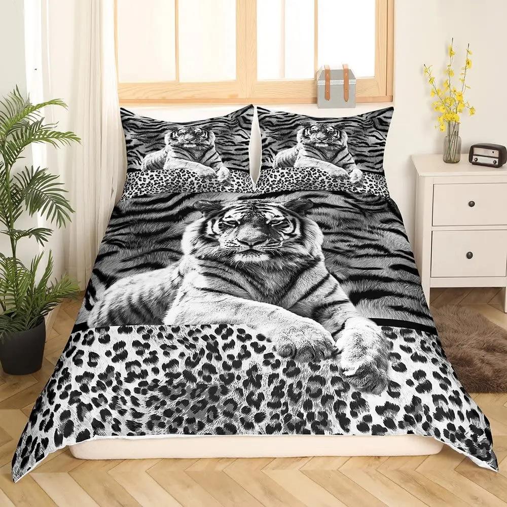 Tiger Duvet Set Full Size Tropical Wildlife Themed Bedding Three-Piece Set