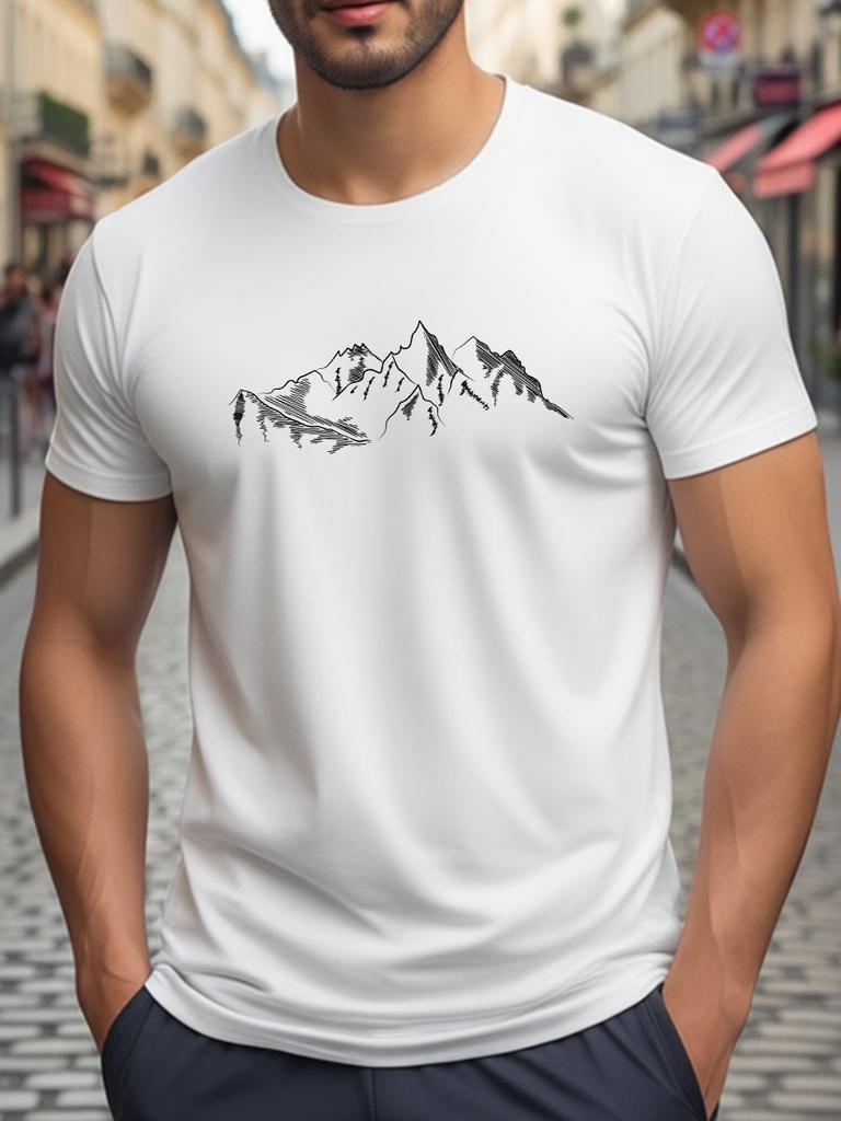 White Short-Sleeve T-Shirt with Mountain Pattern for Casual Wear In Summer and Spring