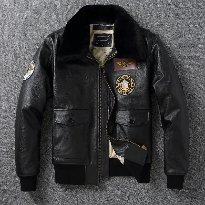 Chinese Size Top G1 Genuine Cowhide Men Leather Jacket Detachable Fur Collar Flight Suit Jackets For Men Military Aviator Coat Winter