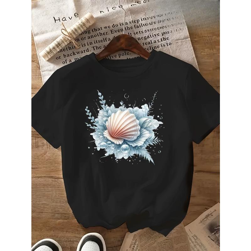 European Sizes Women's Seashell & Floral Print T-Shirt - Black with Blue & Pink Accents, Short Sleeve Crew Neck Casual Top for Spring & Summer