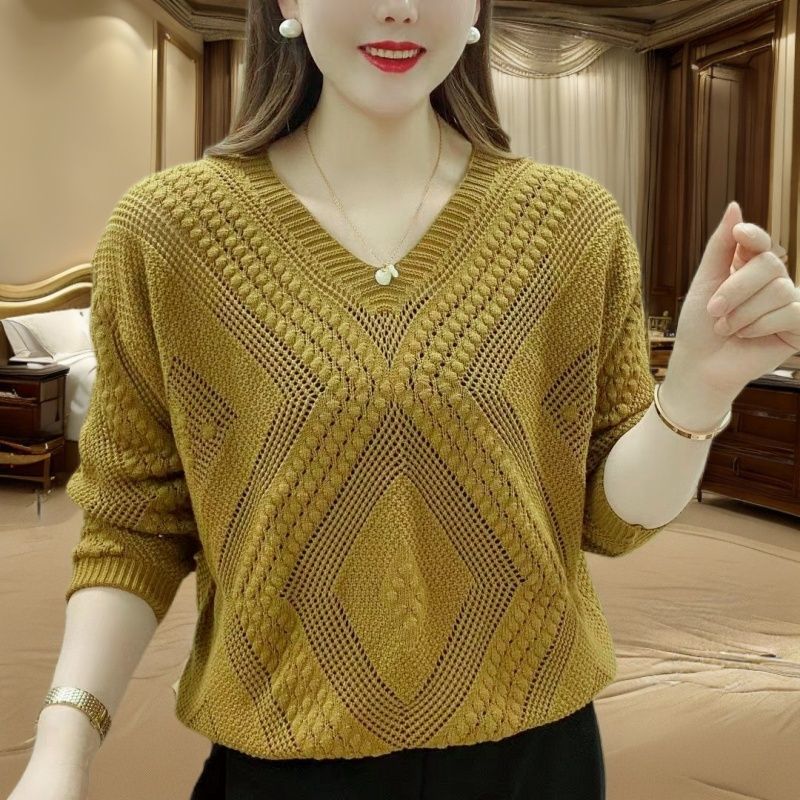 

Женский летний трикотажный топ большого размера с вырезами, V-образным вырезом, тонкий свободный свитер M