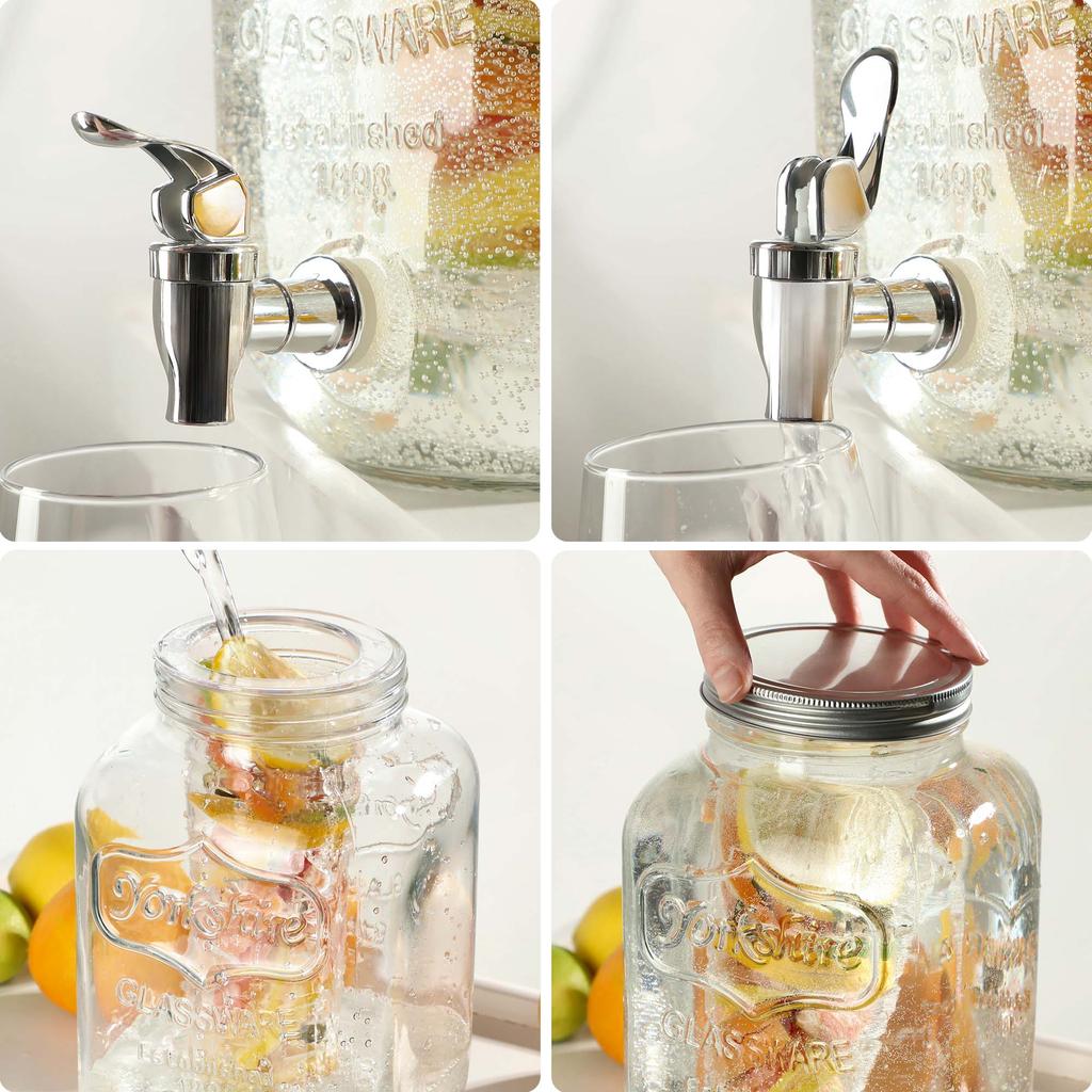 KADAX Sklenice s kohoutkem 4L skleněná na vodu, limonádu, džusy, sklenice s vložkou