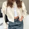 Women Cropped Bomber Jacket Stand Collar Snap Button Flap Pocket Ribbed Cuff Casual Spring Autumn Outerwear