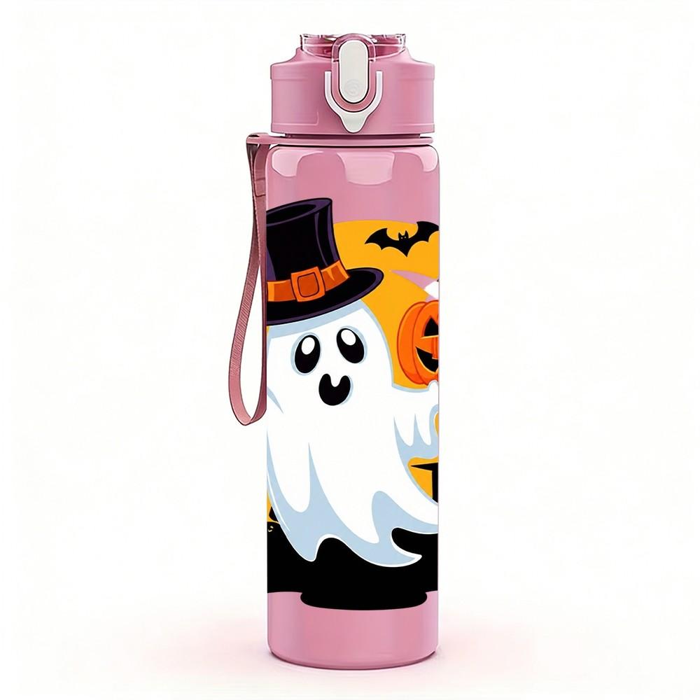 1PC Spooky Ghost Halloween Theme 750ml Color Plastic Sports Water Bottle Leakproof Flip Straw Lid Suitable for Sports Office Home Use