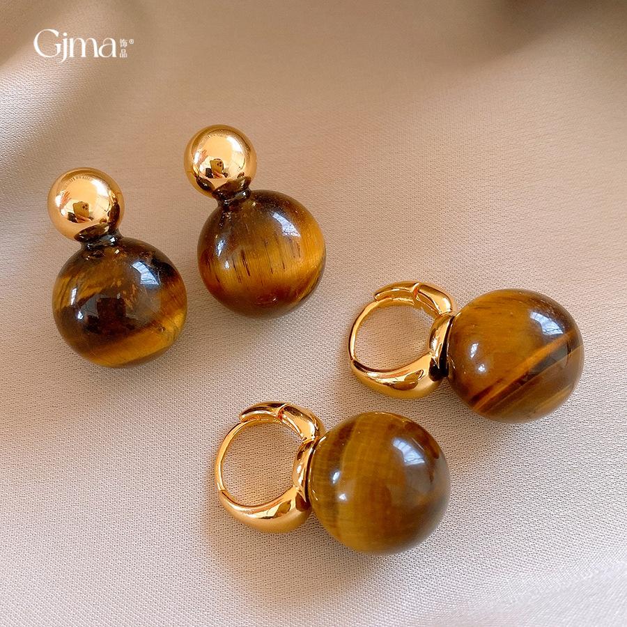 Maillard Retro Round Tiger's Eye Stone Earrings, Ear Buckles, European and American Simple Personalized Earrings, Women